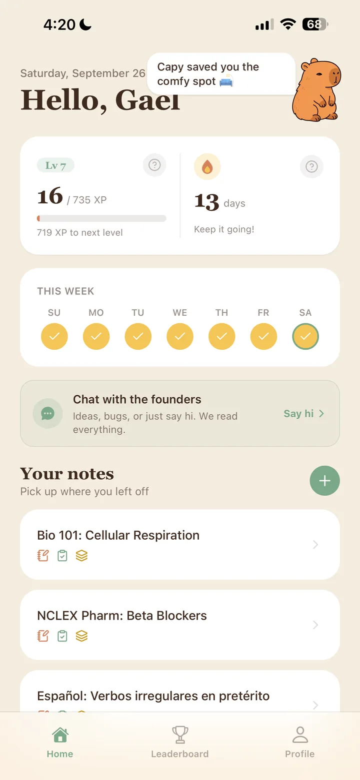 The StudyCapy home screen with a streak week and three saved notes